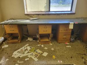 lot 22038 image: Verde Prevana Granite Top Workstation W 3 Filing Cabinets