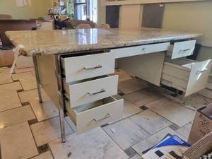lot 22024 image: 6-Drawer Tan Metal Desk W Juperana Classical Granite Top