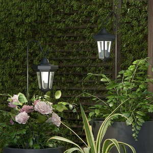 lot 5101 image: Solar-Powered Outdoor Lights - Set of 2 Weather Resistant Black Hanging Coach Lantern LED Lights with Shepherd Hooks for Mounting by Pure Garden