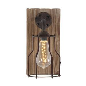 lot 7129 image: DecMode Industrial Metal Wall Sconce with Wood Backplate and Iron Cage