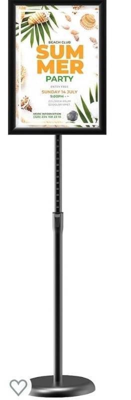 lot 21597 image: GUOHONG Sign Holder Aluminum Poster Stand ,Adjustable Stand Height, Poster Frame Revolvable To Either Horizontal or Vertical View Display, Round Base (Black 11x17 inches)(Retail $42.88)
