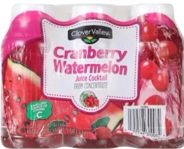 lot 23160 image: Clover Valley Cranberry Watermelon Juice Cocktail, 8 FL. Oz. Each, 24 Count