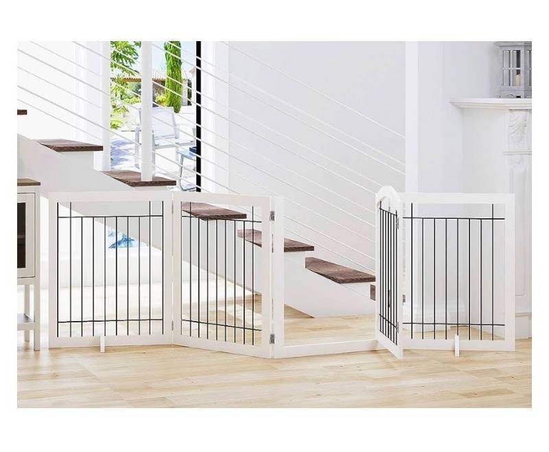 lot 32147 image: SPIRICH 96-inch Extra Wide 30-inches Tall Dog Gate with Door Walk Through, Freestanding Wire Pet Gate for The House, Doorway, Stairs, Pet Puppy Safety Fence, Support Feet Included (White) (Retail $109.95)