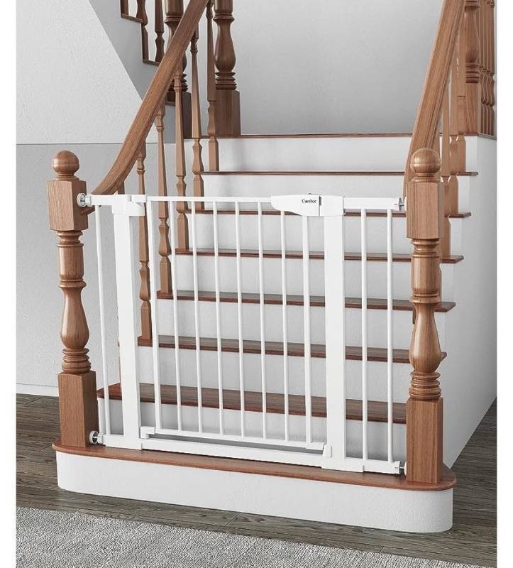 lot 32156 image: Moms Choice Awards Winner-Cumbor 29.7-40.6 Baby Gate for Stairs, Dog Gate for Doorways, Pressure Mounted Self Closing Pet Gates for Dogs Indoor, Durable Safety Child Gate with Easy Walk Thru Door (Retail $69.99)