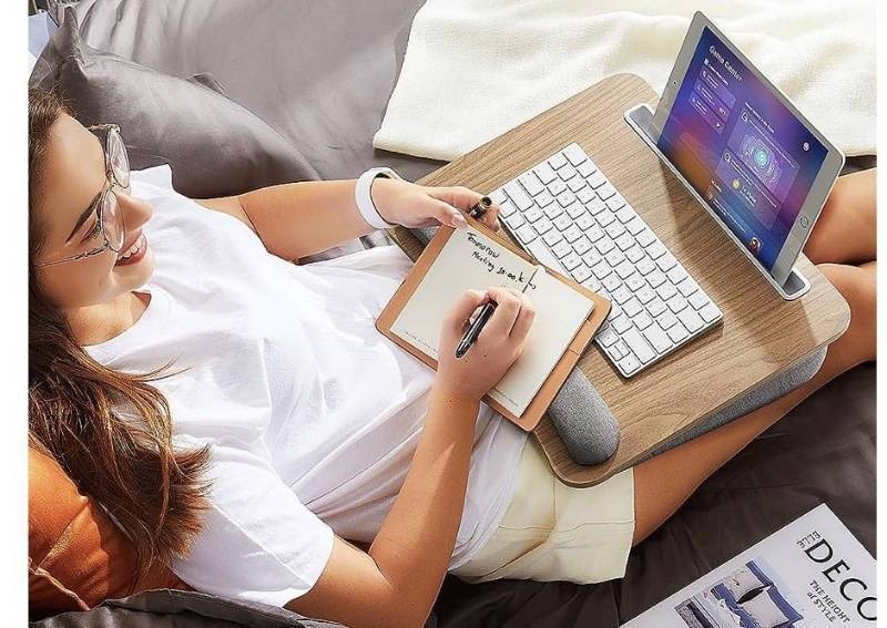 lot 21682 image: HUANUO Lap Laptop Desk - Portable Lap Desk with Pillow Cushion, Fits up to 15.6 inch Laptop, with Anti-Slip Strip & Storage Function for Home Office Students Use as Computer Laptop Stand, Book Tablet (Retail $39.99)
