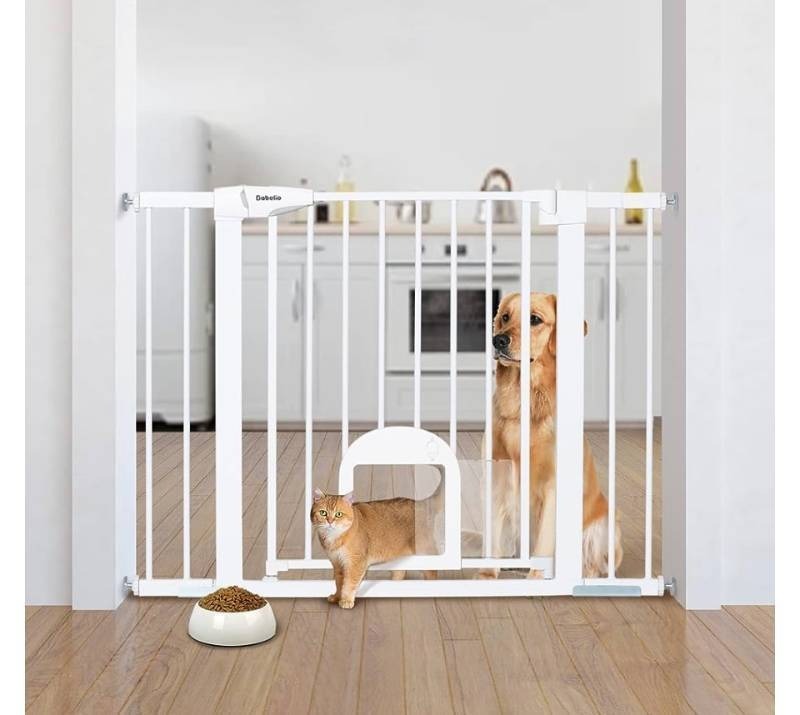 lot 32164 image: Babelio Baby Gate with Adjustable Cat Door, 29-43 Auto Close Durable Dog Gate for Stairs, Doorways and House, Easy Walk Thru Safety Gate with Pet Door, White (Retail $69.29)