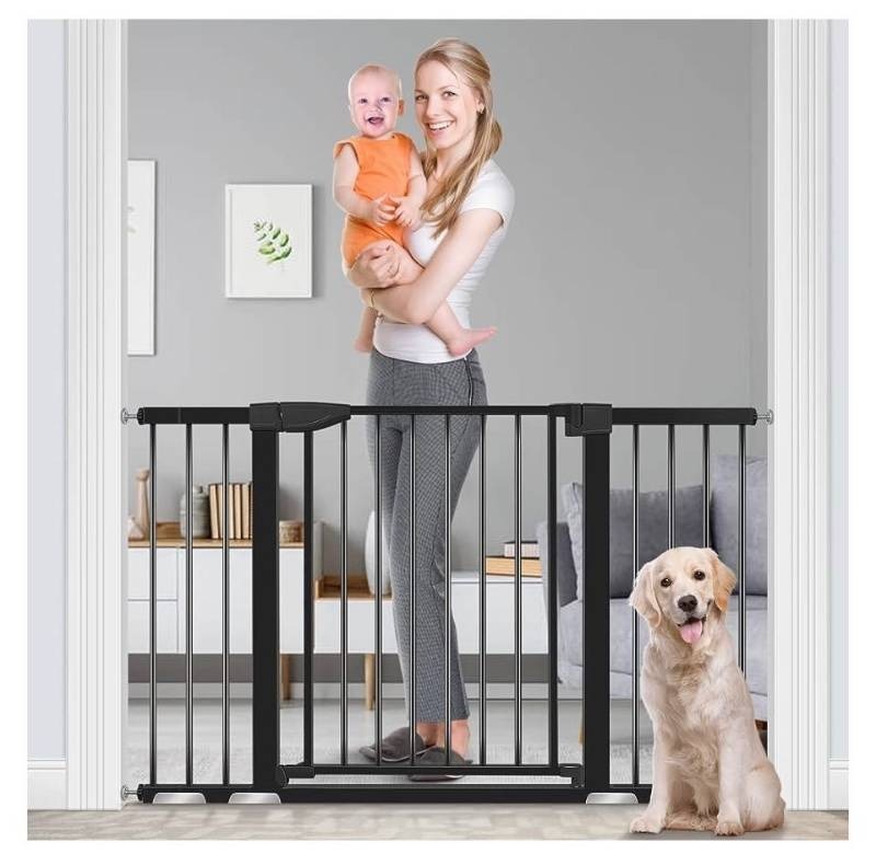 lot 32185 image: Baby Gate for Doorways and Stairs, RONBEI 51.5 Auto Close Safety Baby Gate for Kids and Pets, Extra Wide Child Gate Dog Gates for The House, Heavy Duty Metal Walk Through Door (Black) (Retail $69.99)