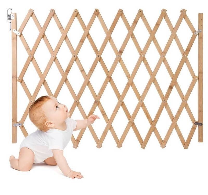 lot 32223 image: Expandable Accordion Dog Gate, Wooden Accordian Expansion Dog Gate for Doorway Stairs, Retractable Gate Safety Protection for Small Medium Pet Dog, 8 to 42 W, 28.7 H (Retail $38.99)