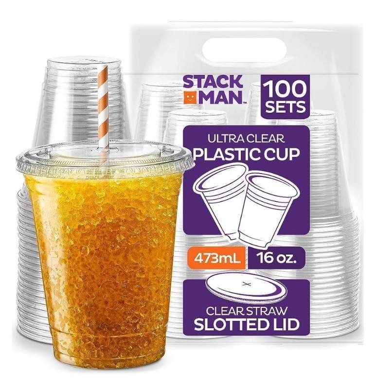 lot 32227 image: 16 oz Clear Plastic Cups with Straw-Slot Lids 100 Sets PET Crystal Clear Disposable 16oz Plastic Cups with Lids - Crystal Clear, Durable Cup. BPA Free  Crack Resistant, for Coffee, Juice, Shakes (Retail $16.75)