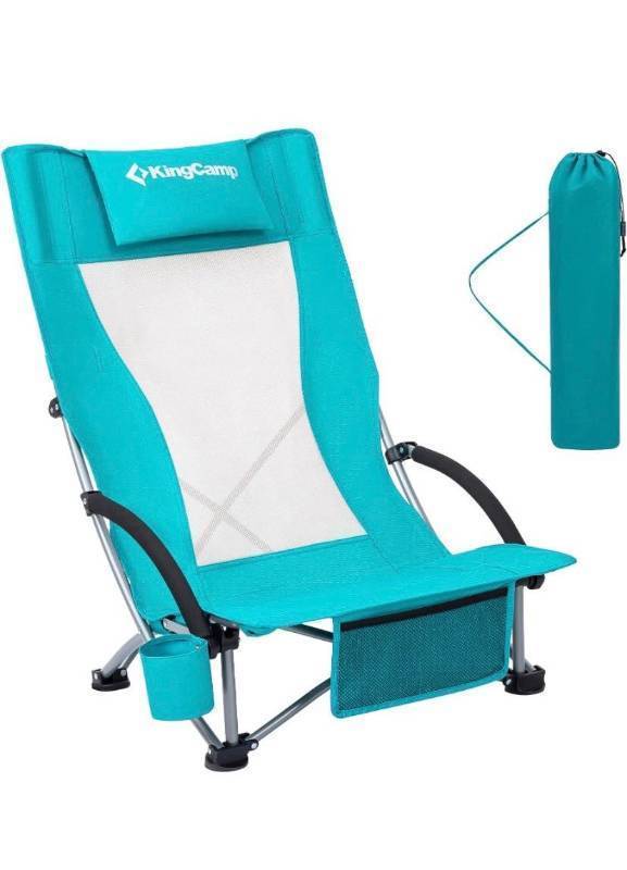 lot 21206 image: KingCamp Low Sling Beach Chairs,Folding High Mesh Reclining Back Chair for Adults with Headrest,Cup Holder,Carry Bag Padded Armrest for Sand Camping Lawn Concert Travel Festival(Retail $59.99)