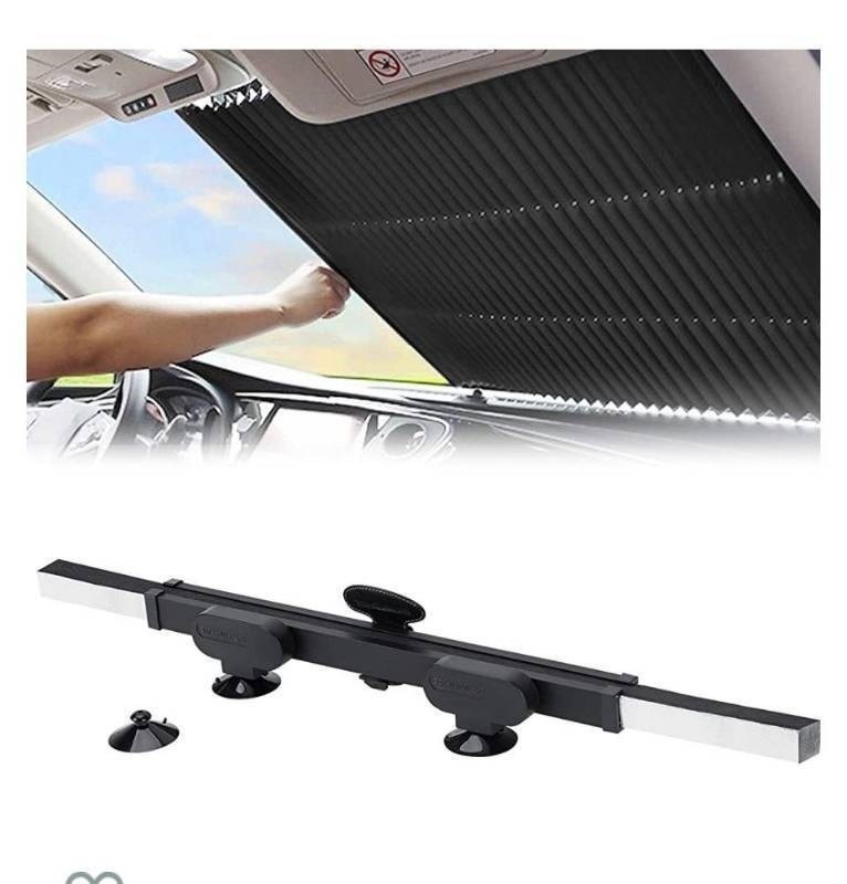 lot 56700 image: Retractable Windshield Sun Shade for Car, Large Sun Visor Protector Blocks 99% UV Rays to Keep Your Vehicle Cool, Auto Sunshade Fits Front Window of Various Models with Suction Cups 2021 New (Retail $27.85)