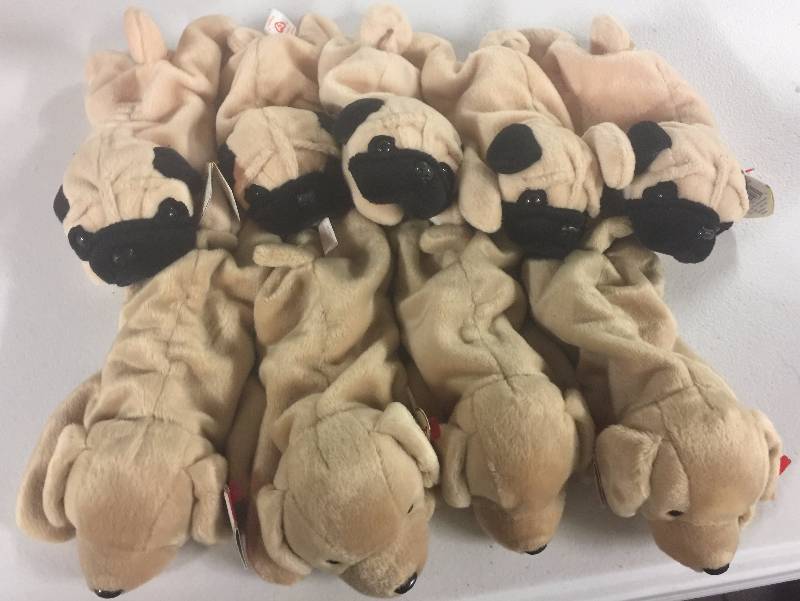 lot 1110 image: NINE Original Ty Beanie Babies Fetch x4 Pugsly x5