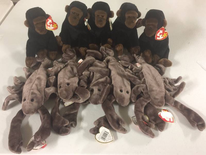 lot 1116 image: TEN Original Ty Beanie Babies Congo the Monkey x5 Stinger the Scorpion x5