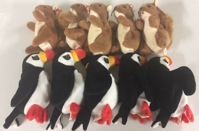 lot 1117 image: TEN Original Ty Beanie Babies Puffer the Parrot x5 Nuts the Squirrel x5