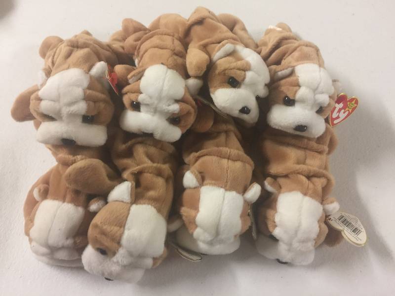 lot 1144 image: EIGHT Original Ty Beanie Babies Wrinkles the Bulldog x8