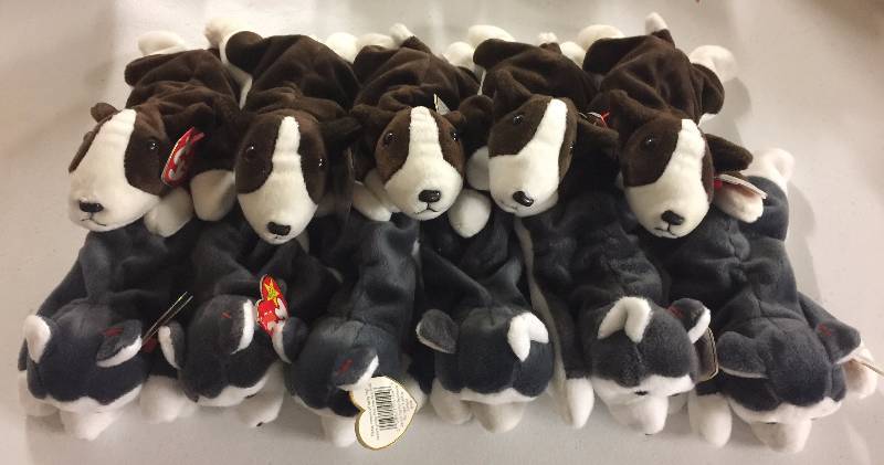 lot 1165 image: ELEVEN Original Ty Beanie Babies Nanook the Malamute x6 Bruno the Dog x5