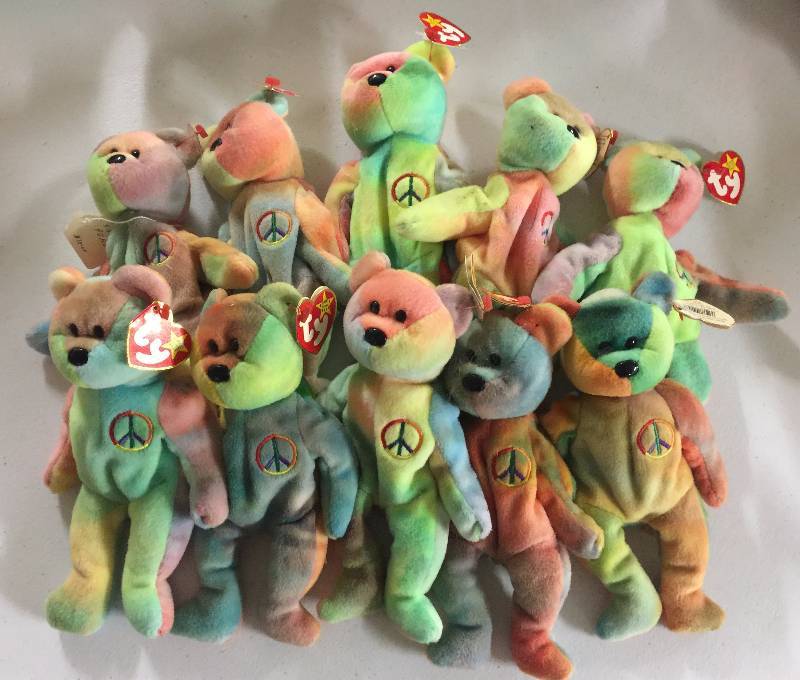 lot 1089 image: TEN Original Ty Beanie Babies Peace Teddy Bear x10