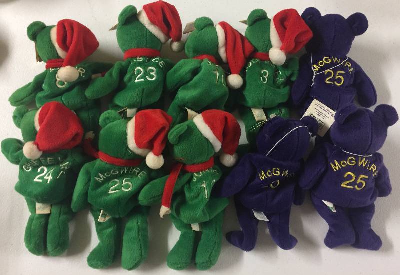 lot 1186 image: TEN Original Bambino Baby Teddy Bears 3 Purple McGwire A-rod Chipper Jones x2 Justice Ripken Jr McGwire Griffey Jr
