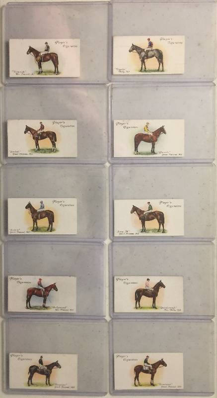 lot 1022 image: Lot of TEN ORIGINAL 1933 Players Derby And Grand National Winners Horse Racing Tobacco Trading Cards (Close Image of Each Cards Condition)