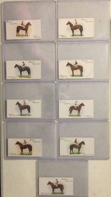 lot 1023 image: Lot of NINE ORIGINAL 1933 Players Derby And Grand National Winners Horse Racing Tobacco Trading Cards (Close Image of Each Cards Condition)