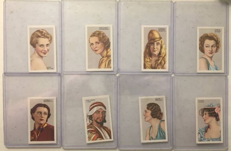 lot 1027 image: EIGHT Original 1934 Gallaher Stars of Screen & Stage Actors Actresses Tobacco Trading Cards (Close Image of Each Cards Condition)