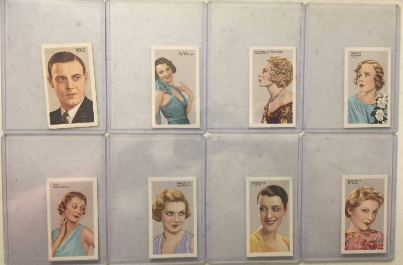 lot 1028 image: EIGHT Original 1934 Gallaher Stars of Screen & Stage Actors Actresses Tobacco Trading Cards (Close Image of Each Cards Condition)