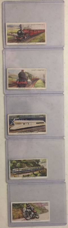 lot 1032 image: FIVE Original 1938 Wills Cigarettes SPEED Train & Motorcycle Collection Tobacco Trading Cards (Close Image of Each Cards Condition)