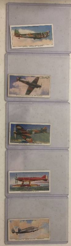 lot 1033 image: FIVE Orginal 1938 Wills Cigarettes SPEED Airplane Collection Tobacco Trading Cards (Close Image of Each Cards Condition)