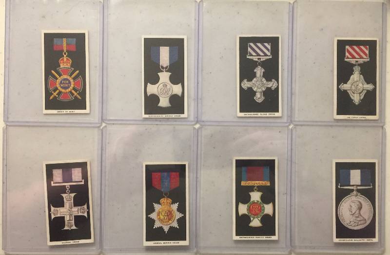 lot 1042 image: EIGHT Original 1930s Greys Cigarette British Orders of Chivalry & Valour Tobacco Trading Cards (Close Image of Each Cards Condition)
