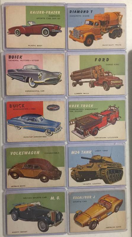 lot 1054 image: TEN Original 1954 Topps World on Wheels Trading Cards Volkswagen, Buick, Tank, Fire Truck, many more (Close picture of each card for Condition)