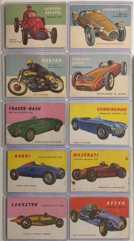 lot 999 image: TEN Original 1954 Topps World on Wheels Race Card, Motorcyle, & Speed Collection Maserati, Norton, many more (Close picture of each card for Condition)