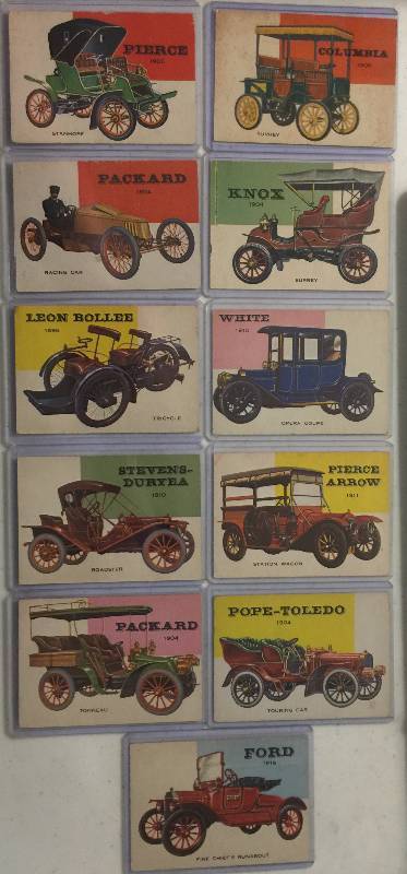 lot 998 image: ELEVEN Original 1954 Topps World on Wheels Pre-War Car Collection Ford,Packard,Pierce, many more (Close picture of each card for Condition)