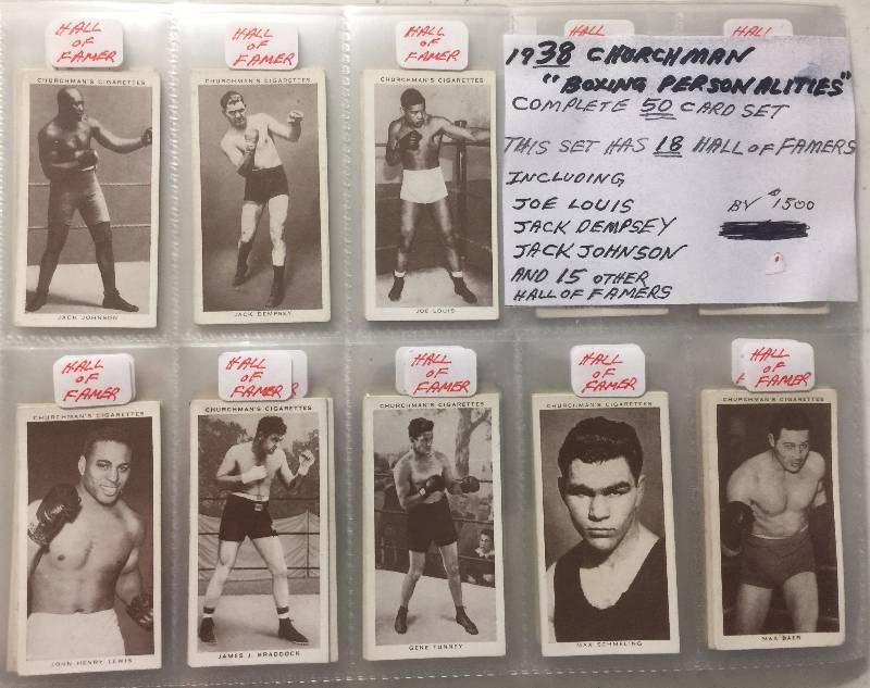 lot 997 image: COMPLETE Original 1938 Churchman Cigarettes Boxing Personalities with 18 Hall of Fame Boxers including Joe Louis, Jack Johnson, Jack Dempsey, much more