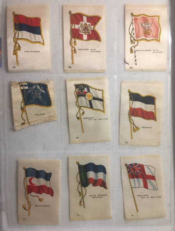 lot 997A image: NINE True Antique Original 1900-1910s Tobacco Country Flag Silks including England, Germany, South Africa, Finland, and more  Great Shape