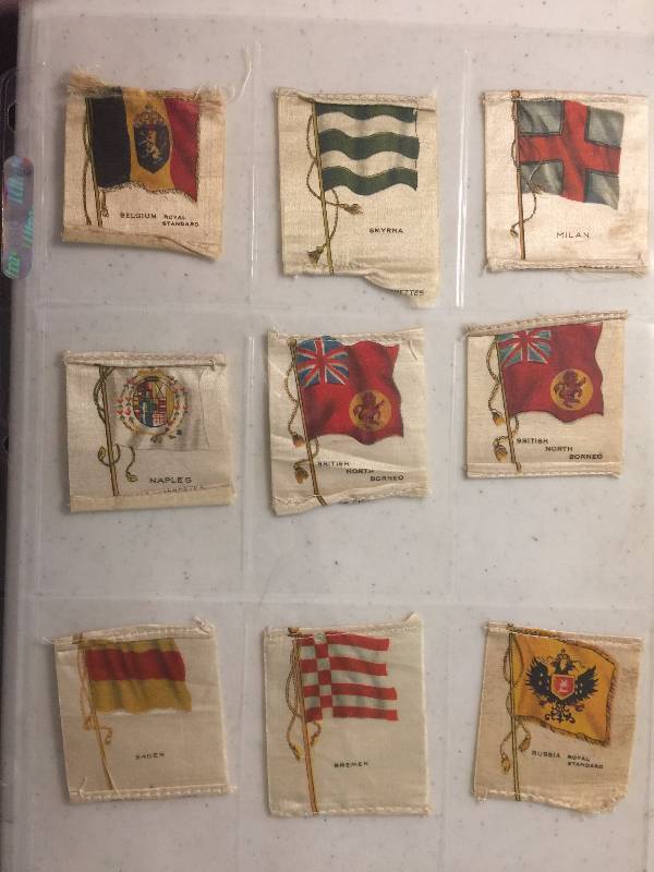 lot 1058 image: NINE Original 1900-1910s Tobacco Country Flag Silks including Naples, Russia, Milan, and more