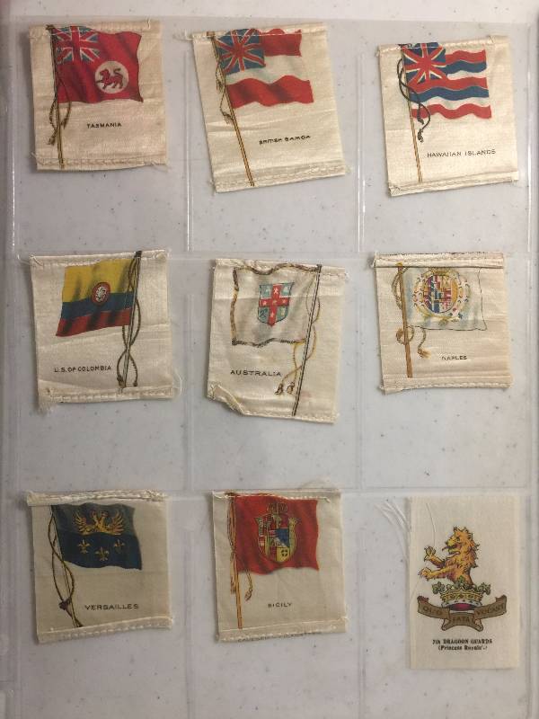 lot 1062 image: NINE Original 1900-1910s Tobacco Country Flag Silks including Hawaiian Islands, Australia, Colombia, Naples, Tasmania, and more
