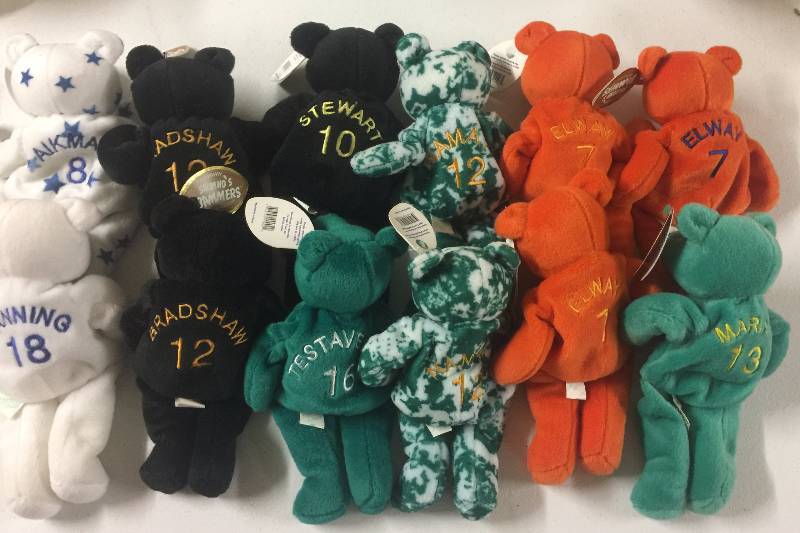 lot 1188 image: TWELVE Bamm Beanos Sports Teddy Bears with Peyton Manning, John Elway x3, Bradshaw x2, Dan Marino, Troy Aikman, Joe Namath x2, Stewart, Testaverde