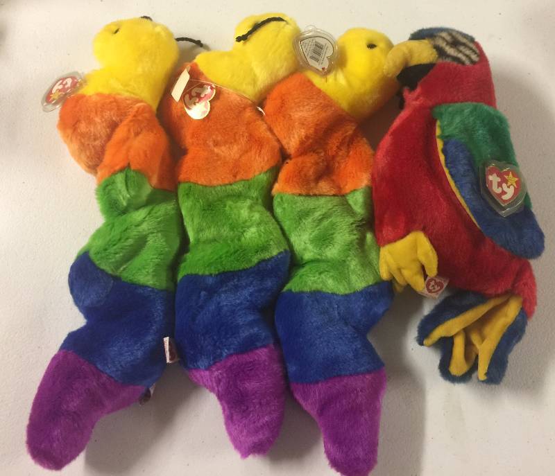 lot 1201 image: FOUR Large 12 Inch Ty Beanie Babies Squirm the Worm x3 Parrot