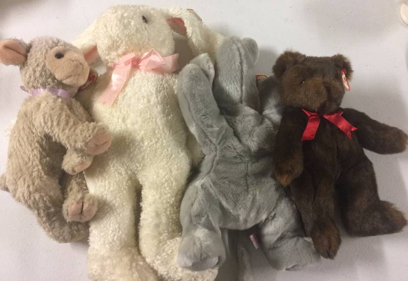 lot 1202 image: FOUR Original Large 8-12 Inch Ty Beanie Babies Lamb Teddy Bear Elephant Rabbit