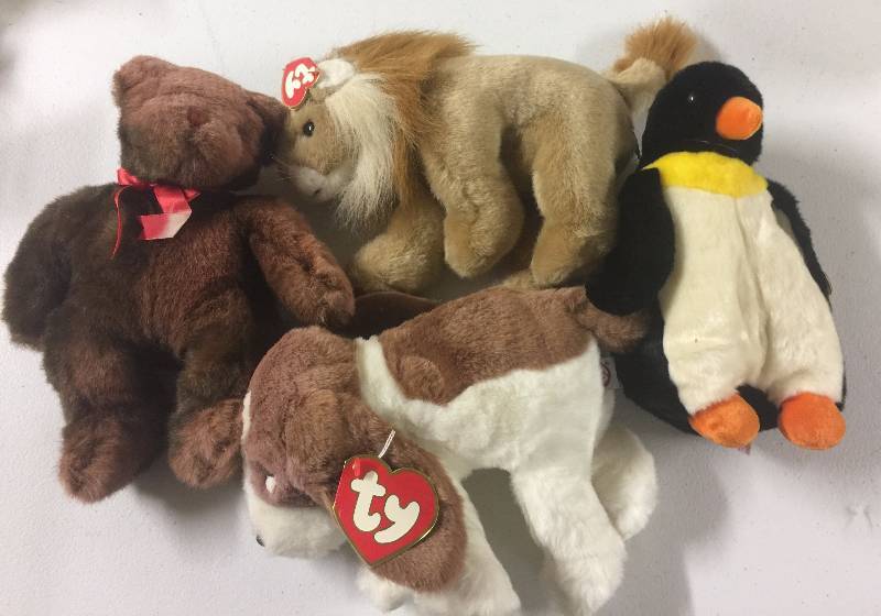 lot 1203 image: Lot of FOUR Large Original Ty Beanie Babies Penguin Lion Dog Teddy Bear