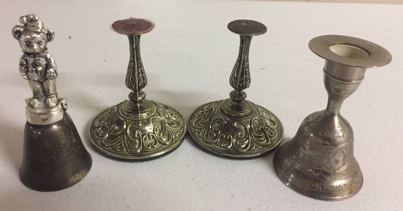 lot 1217 image: Four Small 4 Inch Tall Bells & Candle Holders