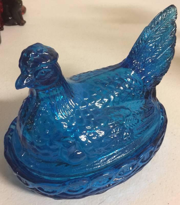 lot 1225 image: Large 10 Inch Long Light Blue Chicken Covered Candy Dish