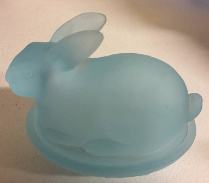 lot 1227 image: Four Inch Light Blue Rabbit Candy Dish With Bottom and Cover No Chips or Cracks