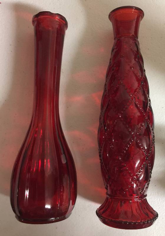 lot 1234 image: Two 8 Inch Tall Deep Ruby Red Flower Vases