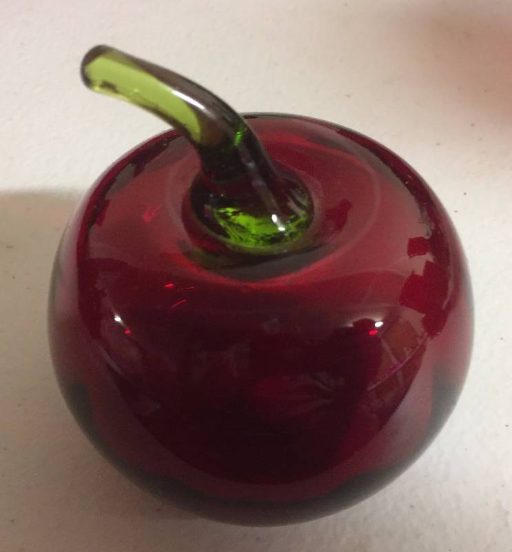 lot 1244 image: Small 3-4 Inch Glass Apple Deep Ruby Red With Green Stem