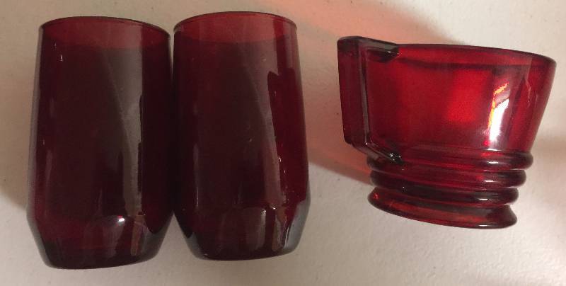 lot 1249 image: Three Piece Deep Ruby Red Two Glasses & Handled Cup 4 Inch Glasses