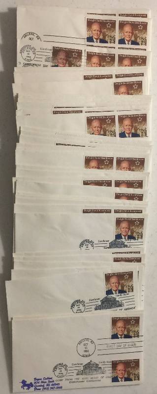lot 1286 image: 136 Total Stamps Lot First Day Issue Stamps Postmarked Dwight D. Eisenhower Oct 13th 1990 On Envelopes
