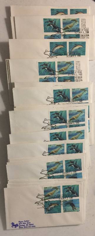 lot 1289 image: 112 Total Stamps Sea Life Northern Sea Lion Killer Whale Sea Otter Common Dolphin First Day of Issue Postmarked Oct 3 1990 25 Cent Stamps