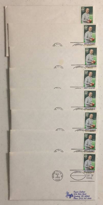 lot 1290 image: 8 Total Stamps & Envelopes Knute Rockne Notre Dame Head Coach First Day of Issue Stamps Postmarked March 9, 1988