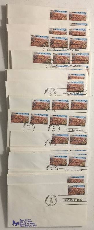 lot 1292 image: 93 Total Stamps America Grand Canyon First Day of Issue Postmarked Oct 12 1990 25 Cent Stamps